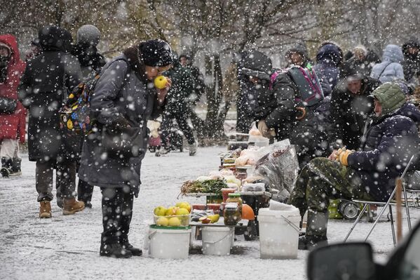 11月21日週二，聖彼得堡，一名女子在雪中從街頭商販處挑選蘋果。 - 俄羅斯衛星通訊社