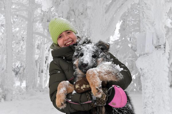 克拉斯诺亚尔斯克地区的气温约为零下30摄氏度，一个女生与她的小狗在白雪覆盖的森林中散步。 - 俄罗斯卫星通讯社