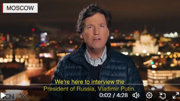 Видео американского журналиста Такера Карлсона, на котором тот анонсирует интервью с президентом России Владимиром Путиным - 俄羅斯衛星通訊社
