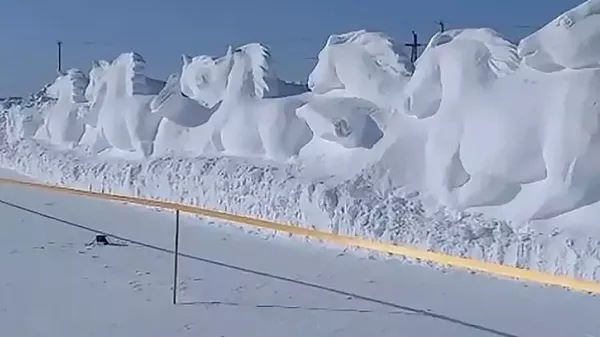 俄羅斯雅庫特大師在瑪雅村用雪雕出超過 50米長的馬群 - 俄羅斯衛星通訊社