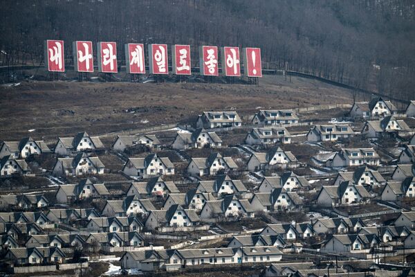 從吉林省臨江市看到的朝鮮一側的標語。 - 俄羅斯衛星通訊社