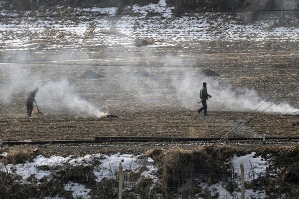 2024年2月28日，从吉林省图们市看到的朝鲜一侧的农民。 - 俄罗斯卫星通讯社