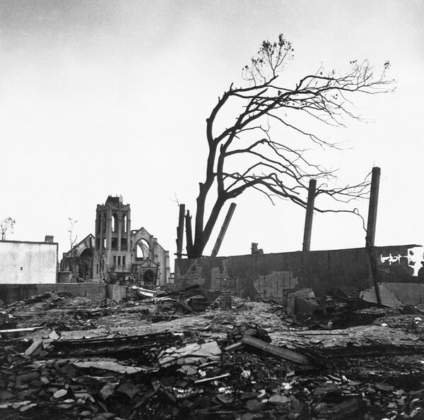1945年8月6日，廣島原子彈爆炸後，一棵禿樹在瓦礫和建築殘骸之中。 - 俄羅斯衛星通訊社