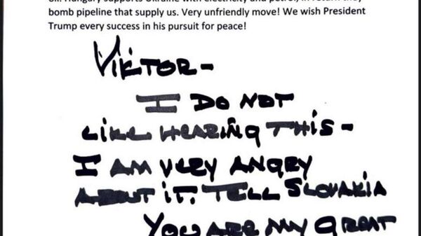 匈牙利总理发布特朗普回信，后者称对乌方攻击“友谊”管道感到非常愤怒 - 俄罗斯卫星通讯社