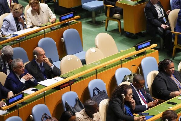 2025年9月22日,星期一,在联合国总部举行的巴以冲突两国方案高级别会议期间,以色列代表团席位空置。 2025年9月22日,星期一,在联合国总部举行的巴以冲突两国方案高级别会议期间,以色列代表团席位空置。 - 俄罗斯卫星通讯社