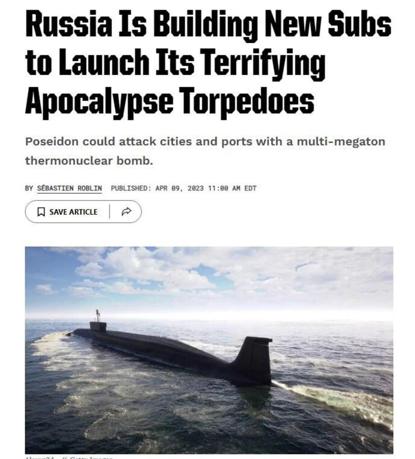 美国《大众机械》杂志将俄罗斯的“波塞冬”无人潜航器称为“令人胆寒的末日鱼雷”。 - 俄罗斯卫星通讯社