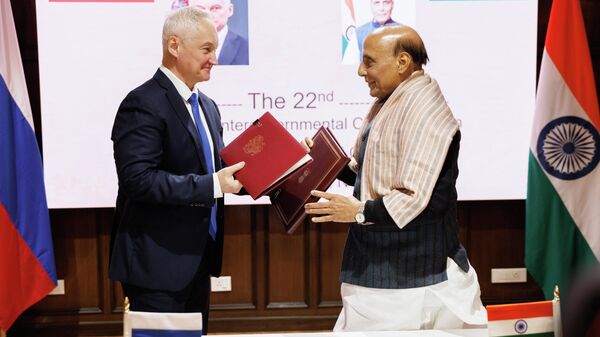 俄罗斯国防部长安德烈•别洛乌索夫与印度国防部长拉杰纳特·辛格 - 俄罗斯卫星通讯社