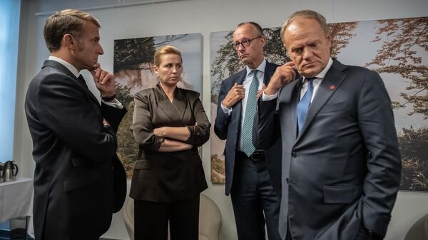 法國總統馬克龍，丹麥首相梅特·弗雷澤里克森，德國總理弗里德里希·默茨及波蘭總理唐納德·圖斯克  - 俄羅斯衛星通訊社