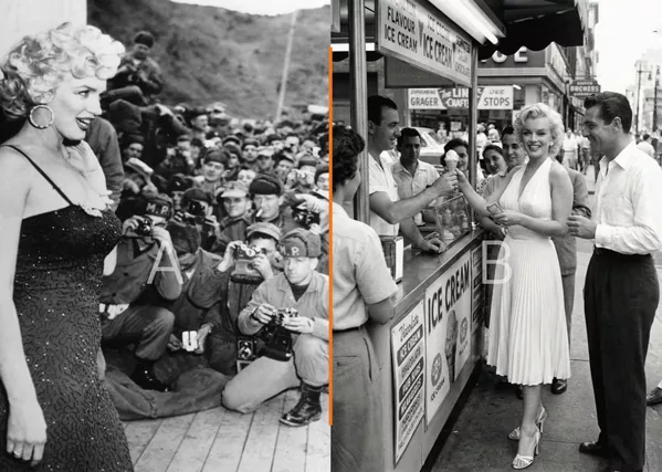 左图:1954年2月16日,女演员玛丽莲·梦露在韩国进行为期4天的访问,首站是第一海军陆战队司令部。她说,自己带来的鸡尾酒裙是“唯一一件适合出席活动的裙子”。右图:玛丽莲·梦露在买冰淇淋。(AI生成) 左图:1954年2月16日,女演员玛丽莲·梦露在韩国进行为期4天的访问,首站是第一海军陆战队司令部。她说,自己带来的鸡尾酒裙是“唯一一件适合出席活动的裙子”。右图:玛丽莲·梦露在买冰淇淋。(AI生成) - 俄罗斯卫星通讯社