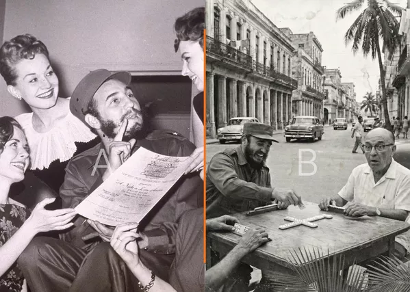 左图:1959年4月23日,古巴领导人菲德尔·卡斯特罗在纽约收到当地摄影记者舞会的邀请函。 右图:卡斯特罗在古巴与退休老人玩多米诺骨牌。(AI生成) 左图:1959年4月23日,古巴领导人菲德尔·卡斯特罗在纽约收到当地摄影记者舞会的邀请函。 右图:卡斯特罗在古巴与退休老人玩多米诺骨牌。(AI生成) - 俄罗斯卫星通讯社