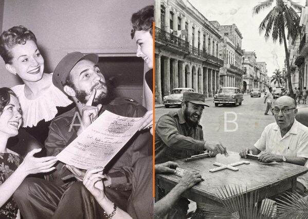 左圖:1959年4月23日,古巴領導人菲德爾·卡斯特羅在紐約收到當地攝影記者舞會的邀請函。 右圖:卡斯特羅在古巴與退休老人玩多米諾骨牌。(AI生成) 左圖:1959年4月23日,古巴領導人菲德爾·卡斯特羅在紐約收到當地攝影記者舞會的邀請函。 右圖:卡斯特羅在古巴與退休老人玩多米諾骨牌。(AI生成) - 俄羅斯衛星通訊社