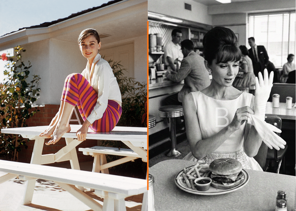 左圖:英國女演員奧黛麗·赫本擺姿勢拍照。 右圖:奧黛麗·赫本在吃漢堡。(AI生成) 左圖:英國女演員奧黛麗·赫本擺姿勢拍照。 右圖:奧黛麗·赫本在吃漢堡。(AI生成) - 俄羅斯衛星通訊社
