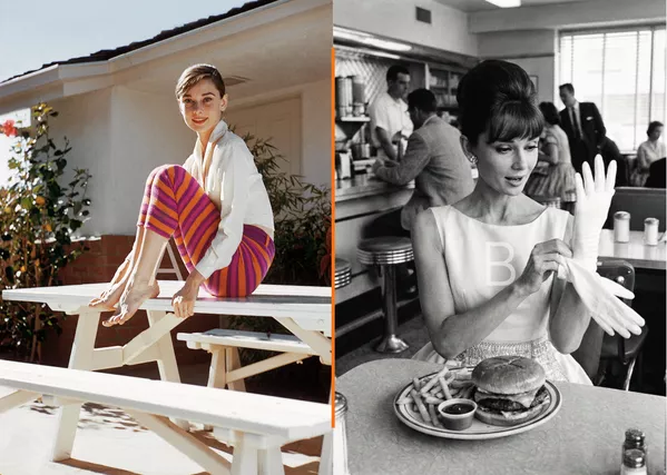 左图:英国女演员奥黛丽·赫本摆姿势拍照。 右图:奥黛丽·赫本在吃汉堡。(AI生成) 左图:英国女演员奥黛丽·赫本摆姿势拍照。 右图:奥黛丽·赫本在吃汉堡。(AI生成) - 俄罗斯卫星通讯社