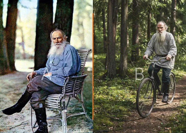 左图:谢尔盖·普罗库金-戈尔斯基拍摄的《列夫·托尔斯泰在亚斯纳亚·波利亚纳》,1908年,这是俄罗斯第一张彩色肖像照片。右图:列夫·托尔斯泰在亚斯纳亚·波利亚纳骑自行车。(AI生成) 左图:谢尔盖·普罗库金-戈尔斯基拍摄的《列夫·托尔斯泰在亚斯纳亚·波利亚纳》,1908年,这是俄罗斯第一张彩色肖像照片。右图:列夫·托尔斯泰在亚斯纳亚·波利亚纳骑自行车。(AI生成) - 俄罗斯卫星通讯社