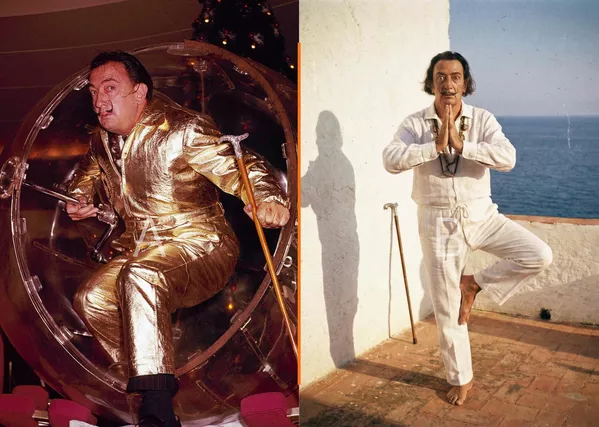 左图:1959年12月22日,艺术家萨尔瓦多·达利身着金色皮衣,手提一个巨大的塑料球抵达纽约。达利从球中走出,出现在从欧洲驶来的“美洲号”邮轮甲板上。达利将这个球描述为一种全新的交通工具。球内安装了一个座椅,座椅连接着一根轴,因此当人们坐直时,这个透明的球体可以旋转。右图:萨尔瓦多·达利练习瑜伽(AI生成) 左图:1959年12月22日,艺术家萨尔瓦多·达利身着金色皮衣,手提一个巨大的塑料球抵达纽约。达利从球中走出,出现在从欧洲驶来的“美洲号”邮轮甲板上。达利将这个球描述为一种全新的交通工具。球内安装了一个座椅,座椅连接着一根轴,因此当人们坐直时,这个透明的球体可以旋转。右图:萨尔瓦多·达利练习瑜伽(AI生成) - 俄罗斯卫星通讯社
