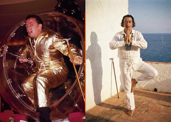 左圖:1959年12月22日,藝術家薩爾瓦多·達利身著金色皮衣,手提一個巨大的塑料球抵達紐約。達利從球中走出,出現在從歐洲駛來的“美洲號”郵輪甲板上。達利將這個球描述為一種全新的交通工具。球內安裝了一個座椅,座椅連接著一根軸,因此當人們坐直時,這個透明的球體可以旋轉。右圖:薩爾瓦多·達利練習瑜伽(AI生成) 左圖:1959年12月22日,藝術家薩爾瓦多·達利身著金色皮衣,手提一個巨大的塑料球抵達紐約。達利從球中走出,出現在從歐洲駛來的“美洲號”郵輪甲板上。達利將這個球描述為一種全新的交通工具。球內安裝了一個座椅,座椅連接著一根軸,因此當人們坐直時,這個透明的球體可以旋轉。右圖:薩爾瓦多·達利練習瑜伽(AI生成) - 俄羅斯衛星通訊社