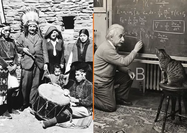 左图:1931年3月,阿尔伯特·爱因斯坦教授头戴羽冠,与妻子艾尔莎·爱因斯坦及霍皮族成员在亚利桑那州大峡谷合影。右图:爱因斯坦给一只猫讲课。(AI生成) 左图:1931年3月,阿尔伯特·爱因斯坦教授头戴羽冠,与妻子艾尔莎·爱因斯坦及霍皮族成员在亚利桑那州大峡谷合影。右图:爱因斯坦给一只猫讲课。(AI生成) - 俄罗斯卫星通讯社