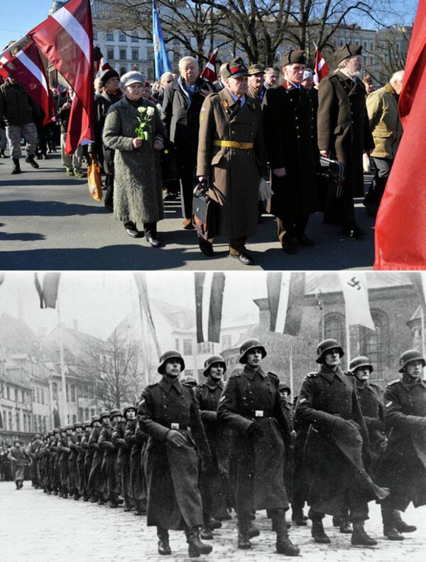 二战时的党卫军分子行军和 在里加游行的装党卫军士兵 - 俄罗斯卫星通讯社