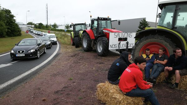A group of farmers stages a blockade by the A84 road during a protest in the French town of Breteville-sur-Odon, near Caen on July 20, 2015. The farmers are protesting against high market prices in supermarkets and on July 20, began a blockage of the four main access points to the ring-road around the city of Caen - 俄罗斯卫星通讯社