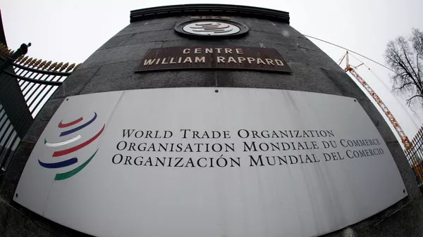 World Trade Organization (WTO) logo at the entrance of the WTO headquarters in Geneva - 俄羅斯衛星通訊社