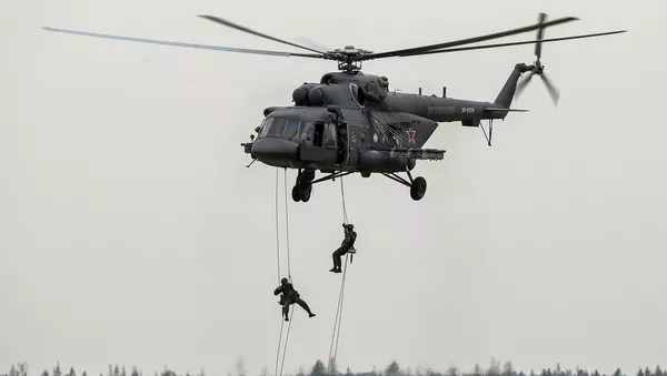 MI 8AMTSh Terminator cargo and attack helicopter at the ARMY-2015 international military technical forum held outside Moscow - 俄羅斯衛星通訊社