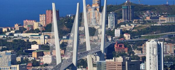 Россия. Владивосток. Вид с вертолета на мост через бухту Золотой Рог.  - 俄羅斯衛星通訊社