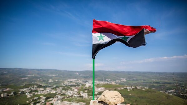 Syrian state flag fluttering above the Krak des Chevaliers castle in Syria - 俄罗斯卫星通讯社