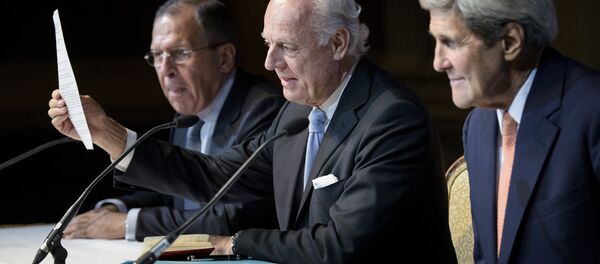 俄外长拉夫罗夫、美国国务卿克里、联合国秘书长叙利亚问题特使德米斯图拉的联合新闻发布会 - 俄罗斯卫星通讯社