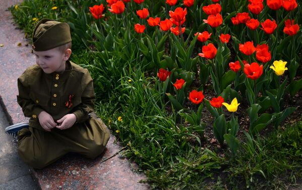 一个小男孩在莫斯科波克洛纳亚山上举行的纪念伟大卫国战争（1941-1945年）胜利71周年的庆祝活动上 - 俄罗斯卫星通讯社