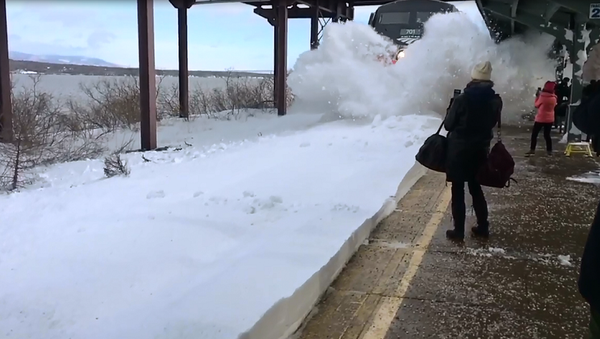 火车高速进站溅乘客一身雪 - 俄罗斯卫星通讯社