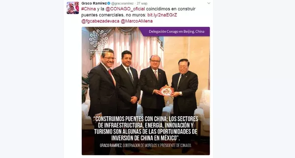 墨西哥全國州長會議(Conago)發推文稱,中國和墨西哥希望共建商業之橋,而非築牆。 墨西哥全國州長會議(Conago)發推文稱,中國和墨西哥希望共建商業之橋,而非築牆。 - 俄羅斯衛星通訊社