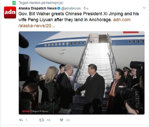 习近平主席并未对记者谈论有关贸易的问题,但他表示,非常享受在阿拉斯加安克雷奇的短暂观光之旅. 习近平主席并未对记者谈论有关贸易的问题,但他表示,非常享受在阿拉斯加安克雷奇的短暂观光之旅. - 俄罗斯卫星通讯社