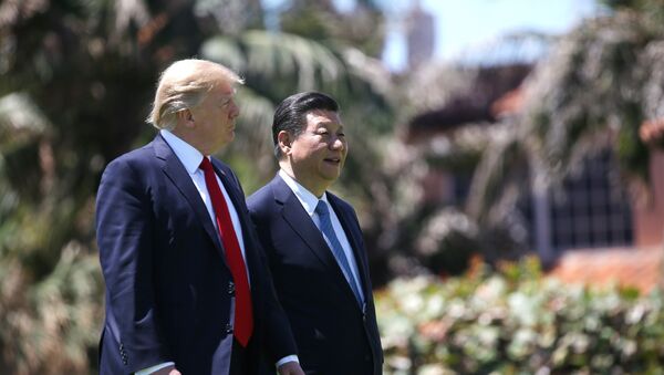 U.S. President Donald Trump (L) and China's President Xi Jinping walk along the front patio of the Mar-a-Lago estate - 俄罗斯卫星通讯社