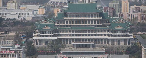 Вид на Центральную библиотеку Пхеньяна со смотровой площадки монумента идей Чучхе - 俄羅斯衛星通訊社