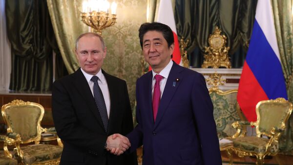 Президент РФ Владимир Путин и премьер-министр Японии Синдзо Абэ (справа) во время встречи - 俄罗斯卫星通讯社