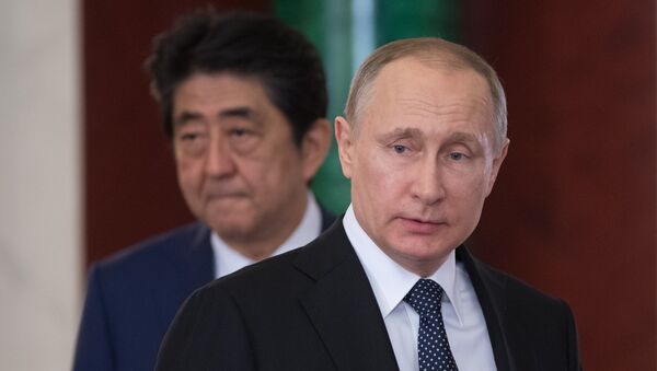 Президент РФ Владимир Путин и премьер-министр Японии Синдзо Абэ (слева) во время совместной пресс-конференции по итогам встречи - 俄羅斯衛星通訊社