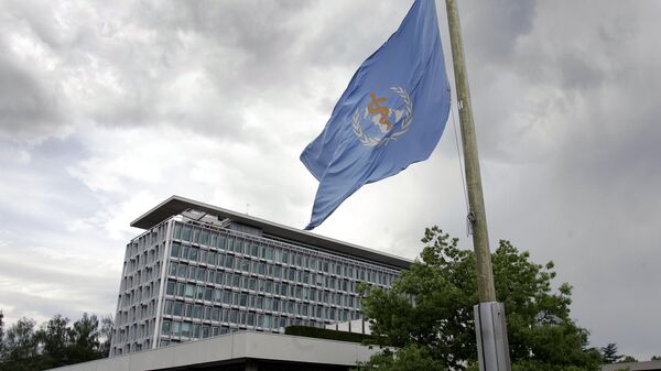 The flag of the World Health Organization (WHO) flies at half mast in front of the WHO headquarters in Geneva - 俄羅斯衛星通訊社
