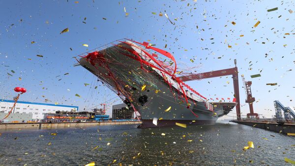 Newly-built chinese aircraft carrier is transferred from dry dock into the water at a launch ceremony at a shipyard in Dalian - 俄罗斯卫星通讯社