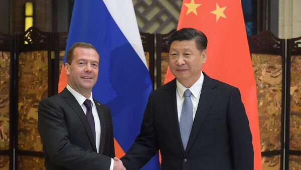Председатель правительства РФ Дмитрий Медведев (слева) и председатель Китайской Народной Республики (КНР) Си Цзиньпин - 俄羅斯衛星通訊社