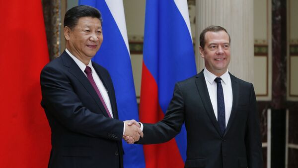 Председатель правительства РФ Дмитрий Медведев и председатель КНР Си Цзиньпин во время встречи - 俄罗斯卫星通讯社