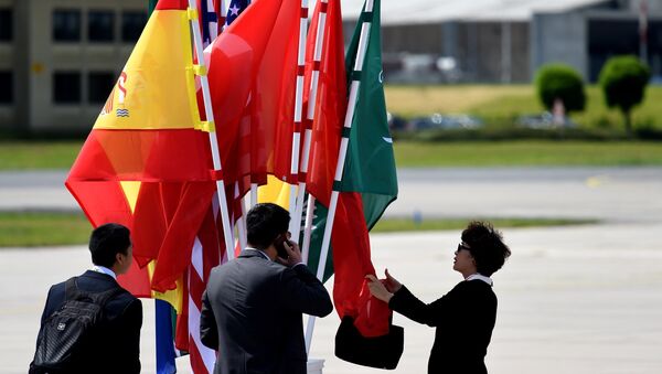 A woman arranges international flags as preparations are under way to welcome participants of a G20 summit at the airport in Hamburg - 俄罗斯卫星通讯社