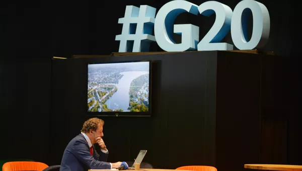 В международном пресс-центре, расположенном в выставочном центре Hamburg Messe в Гамбурге, накануне саммита G20 - 俄羅斯衛星通訊社