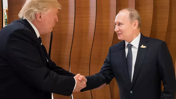 U.S. President Donald Trump and Russia's President Vladimir Putin shake hands during the G20 Summit in Hamburg - 俄罗斯卫星通讯社