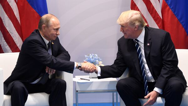 US President Donald Trump and Russia's President Vladimir Putin shake hands during a meeting on the sidelines of the G20 Summit in Hamburg - 俄羅斯衛星通訊社