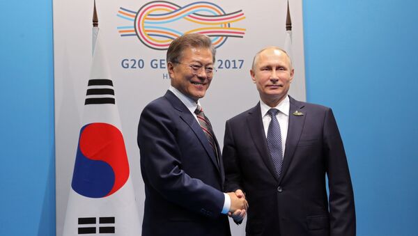 Президент РФ Владимир Путин и президент Республики Корея Мун Чжэ Ин во время встречи на полях саммита G20 в Гамбурге - 俄罗斯卫星通讯社