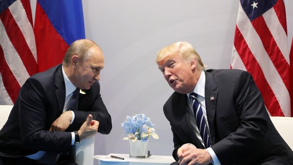 Президент РФ Владимир Путин и президент США Дональд Трамп во время встречи на полях саммита G20 в Гамбурге - 俄羅斯衛星通訊社