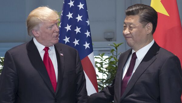 U.S. President Donald Trump, left, and Chinese President Xi Jinping arrive for a meeting on the sidelines of the G-20 Summit in Hamburg - 俄羅斯衛星通訊社