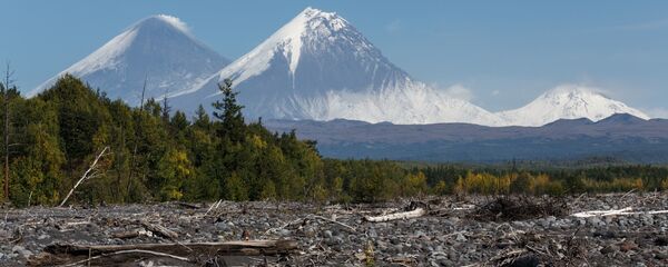 Вид на вулканы Ключевской, Камень и Безымянный с русла реки Студеной на Камчатке - 俄羅斯衛星通訊社