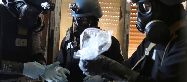 UN chemical weapons expert holds a plastic bag containing samples from one of the sites of an alleged chemical weapons attack in Ain Tarma - 俄羅斯衛星通訊社