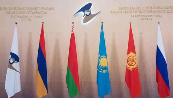 Флаги Евразийского экономического сообщества, Армении, Белоруссии, Казахстана, Киргизии и России (слева направо) - 俄罗斯卫星通讯社